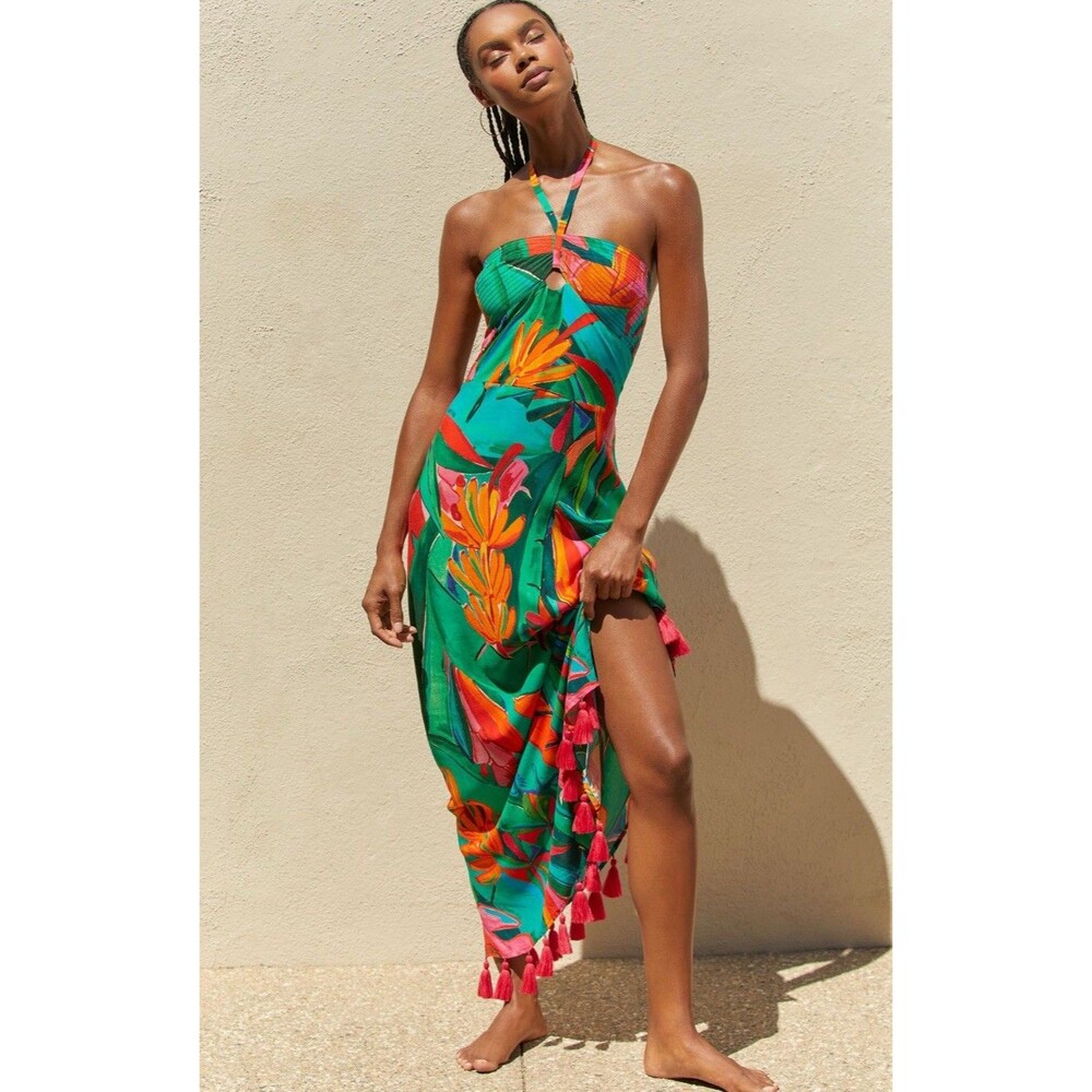 Farm Rio x Anthropologie Maxi Dress Cover Up Vacay Preppy Retro Resort Large NWT